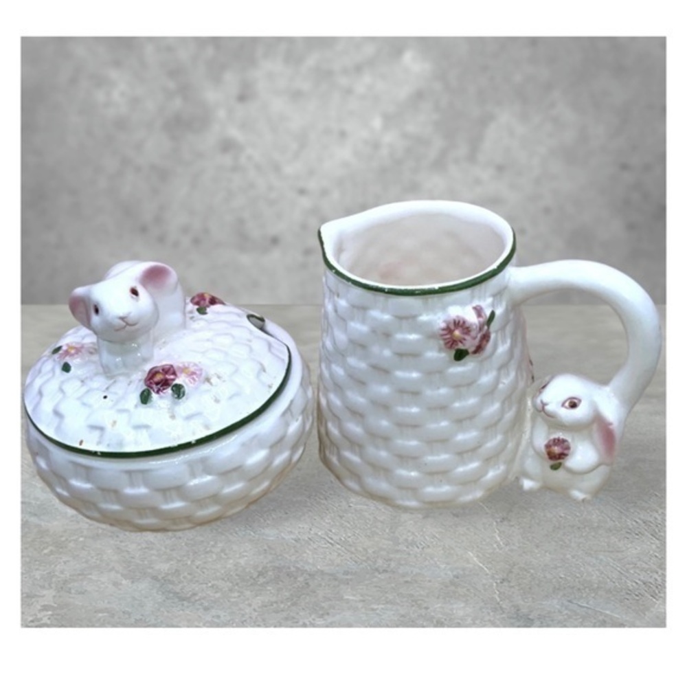 Avon Vintage 1990’s Porcelain Woven Bunny Rabbit Sugar Bowl W/ Lid & Creamer